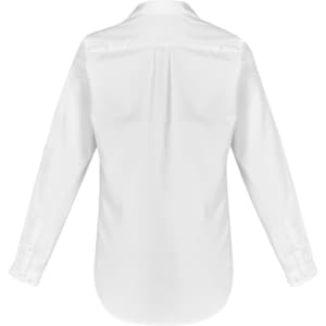 A white long sleeve button-up shirt with a collar and back pleat detail. It features buttons at the cuffs and a logo.