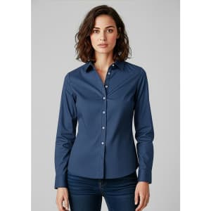 A navy long sleeve button-up shirt featuring a collared neckline and a fitted design. It has a logo on the chest.