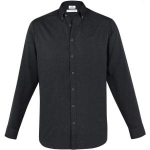 A black long sleeve button-up shirt featuring a collar and a logo on the label.