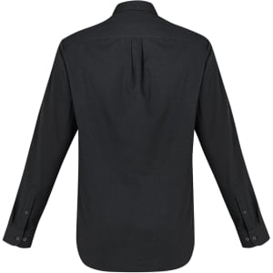 A black long sleeve button-up shirt with a back pleat and buttoned cuffs. The shirt features a logo.