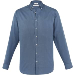 A blue long sleeve button-up shirt with a collar and a logo on the chest.