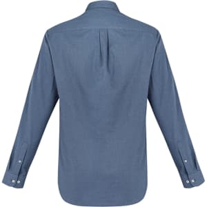 A blue long sleeve button-up shirt with a back pleat and buttoned cuffs, featuring a logo.