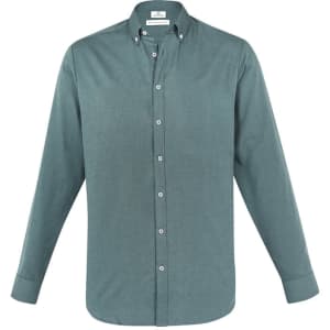 A long sleeve button-up shirt in a green hue, featuring a collar and front buttons. Includes a logo on the label.