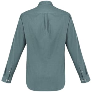 A long sleeve button-up shirt in a muted green colour, featuring a back pleat and buttoned cuffs.
