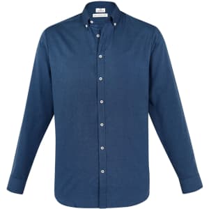 A button-up shirt in a solid navy blue colour with long sleeves and a collar. It features a logo on the label.