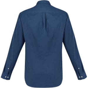 A long sleeve button-up shirt in a deep blue colour with a straight back and buttoned cuffs. Features branding.