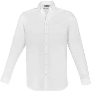 A white long sleeve button-up shirt with a collar and a logo on the label.
