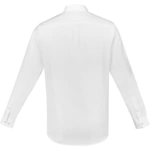 A long-sleeve white button-up shirt featuring a back pleat and cuffs with buttons. It has a logo.
