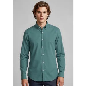 A men's long sleeve button-up shirt in a teal colour, featuring a collar and a logo on the chest.