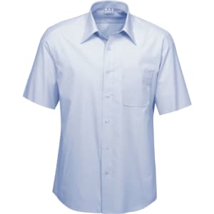 A light blue short sleeve button-up shirt featuring a single chest pocket and a logo.