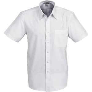 A white short sleeve button-up shirt with a pocket and a logo on the chest.