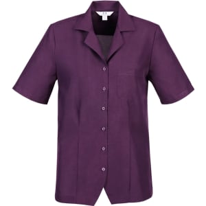 A short-sleeved overblouse in a rich purple colour with a button front and a pocket on the left chest.