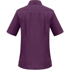 A short-sleeved purple overblouse with a collar and subtle seam detailing, featuring a logo.