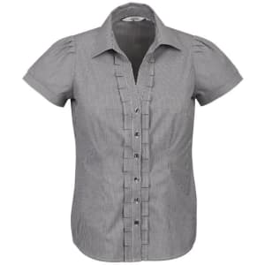 A short sleeve button-up shirt in a grey and white pinstripe pattern, featuring a fitted design and a front button closure.