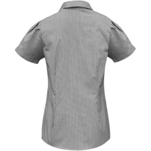A women's short sleeve button-up shirt in a grey striped pattern, featuring a fitted back design and subtle shoulder details.