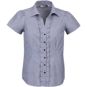 A short sleeve button-up shirt in blue and white stripes, featuring a ruffled front and a logo.