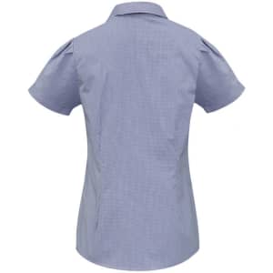 A women's short sleeve button-up shirt in a blue and white check pattern, featuring a fitted design and a collar.