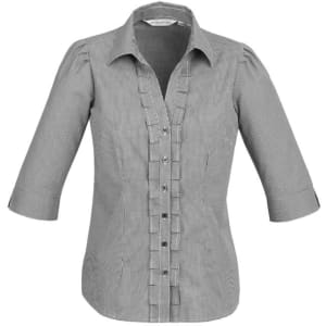 A women's 3/4 sleeve button-up shirt in a grey striped pattern with a ruffled front and a logo.