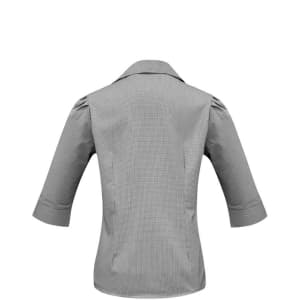 A 3/4 sleeve button-up shirt in grey with a fitted back and a collar, featuring subtle striped patterns.