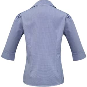 A women's blue 3/4 sleeve button-up shirt with a fitted design and a collar, featuring a back view.