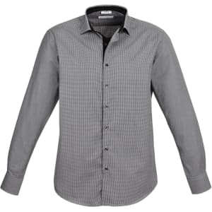 A button-up long sleeve shirt in grey with a subtle pattern and contrasting black collar. It features a logo.