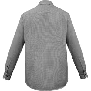 A grey button-up long sleeve shirt with a checked pattern and a logo on the back.