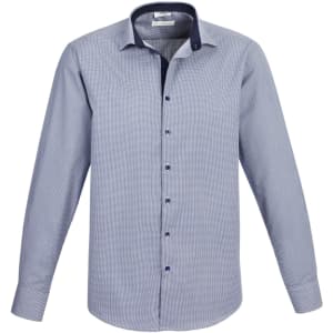 A long sleeve button-up shirt featuring a light blue and navy design with a subtle pattern and a branded collar.