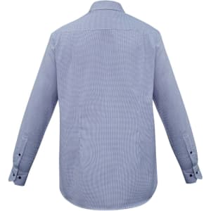 A blue check pattern long sleeve button-up shirt with a standard collar and cuffed sleeves.
