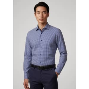 A men's long sleeve button-up shirt in navy with a check pattern, featuring a collar and a button front.