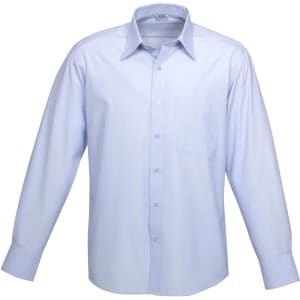 A light blue long-sleeve button-up shirt with a pocket and a logo on the chest.