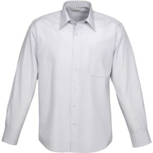 A white button-up shirt with long sleeves featuring a pocket and a collar. Includes a logo on the collar.