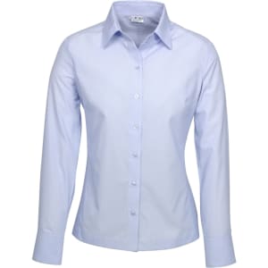 A pale blue women's button-up shirt with long sleeves and a collar, featuring a branding logo.