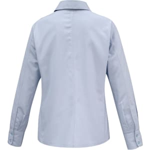 A light blue women's button-up long sleeve shirt with a collar and buttoned cuffs, featuring a branding logo.