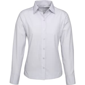 A long sleeve button-up shirt in light grey, featuring a collar and a front placket with buttons. It has a logo.