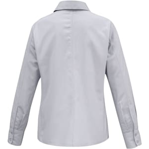 A long sleeve button-up shirt in light grey, featuring a smooth fabric and a back yoke design. It has a logo.