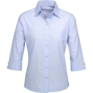 A light blue women's button-up shirt with 3/4 sleeves and a collar. It features a logo on the chest area.