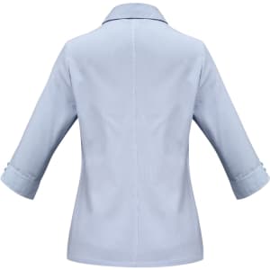 A light blue women's button-up shirt with 3/4 sleeves and a collar, featuring a logo on the back.