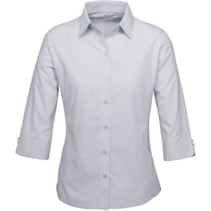 A light grey women's button-up shirt with 3/4 sleeves and a collar, featuring a logo on the chest.