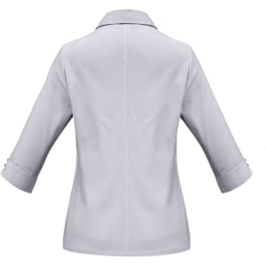 A light grey women's button-up shirt with 3/4 sleeves and a collar, featuring button details on the cuffs and a back seam.