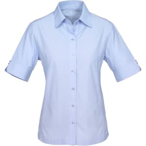 A light blue short sleeve button-up shirt with rolled cuffs and a subtle logo.