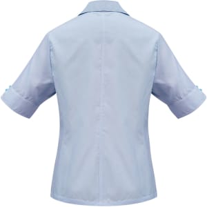 A light blue women's button-up shirt with short sleeves and a back view. Features a logo on the upper back.