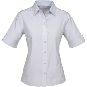 A button-up shirt in light grey with short sleeves and a fitted design, featuring a subtle branding logo.
