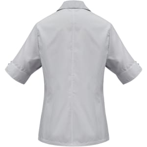 A light grey women's short sleeve button-up shirt featuring a collar and rolled sleeves. It has a subtle logo.
