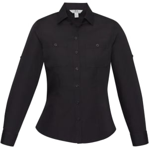 A women's black long sleeve button-up shirt featuring two chest pockets and a fitted design.