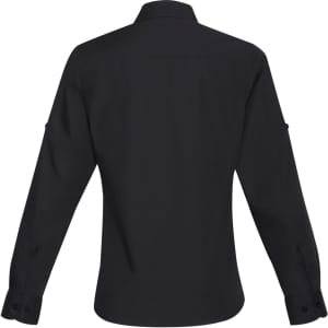 A women's black long sleeve button-up shirt featuring a classic collar and buttoned cuffs. It has branding on it.