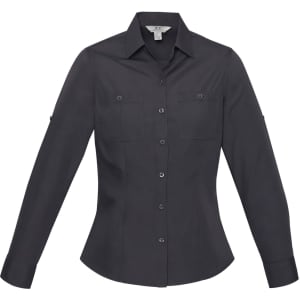 A black women's long sleeve button-up shirt with two chest pockets and a pointed collar.