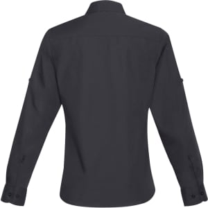 A long-sleeve black button-up shirt with a collar and rolled sleeves, featuring a logo on the back.