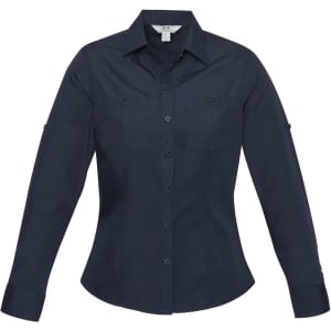 A navy blue women's button-up long sleeve shirt with two front pockets and a collar. It features a logo on the sleeve.