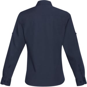 A navy long sleeve button-up shirt with a plain back design and rolled cuffs. Features a logo on the chest.