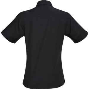 A black short-sleeve button-up shirt for women, featuring a simple design with a collar and a logo.
